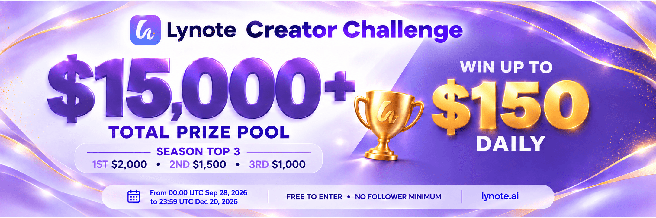 Lynote Creator Competition poster: $15,000+ total prize pool and $150 daily prize