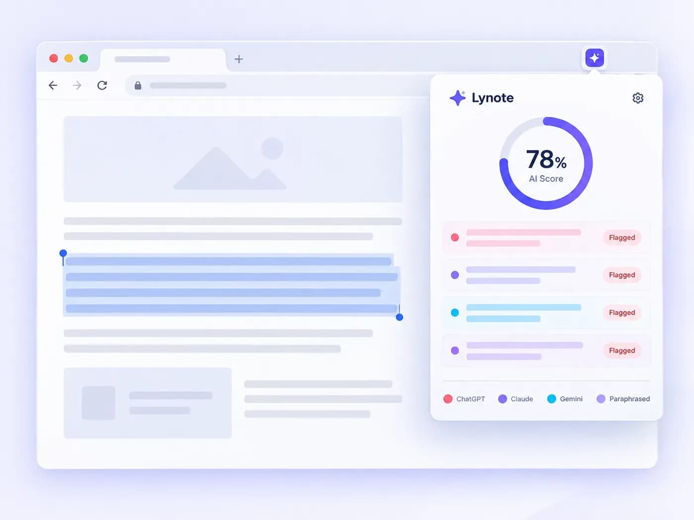 รูปภาพแสดงส่วนขยาย Chrome ตรวจจับ AI ที่แสดงคะแนน AI ทันทีในเบราว์เซอร์