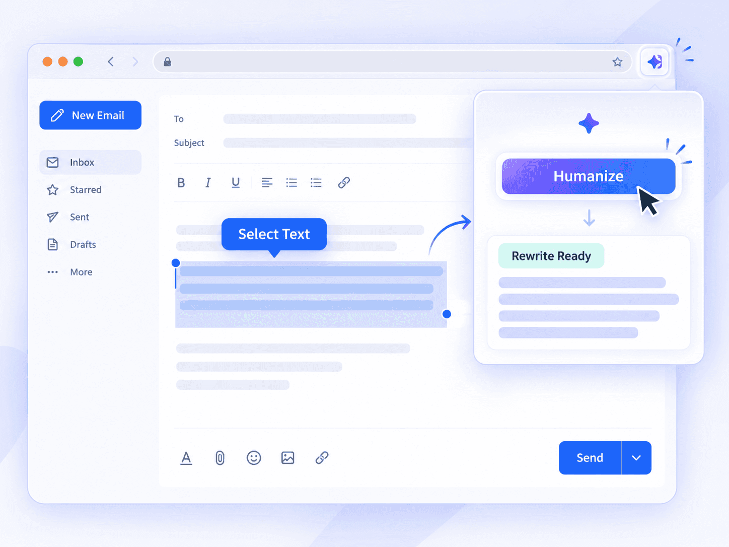 AI text humanized directly in an email editor inside the browser