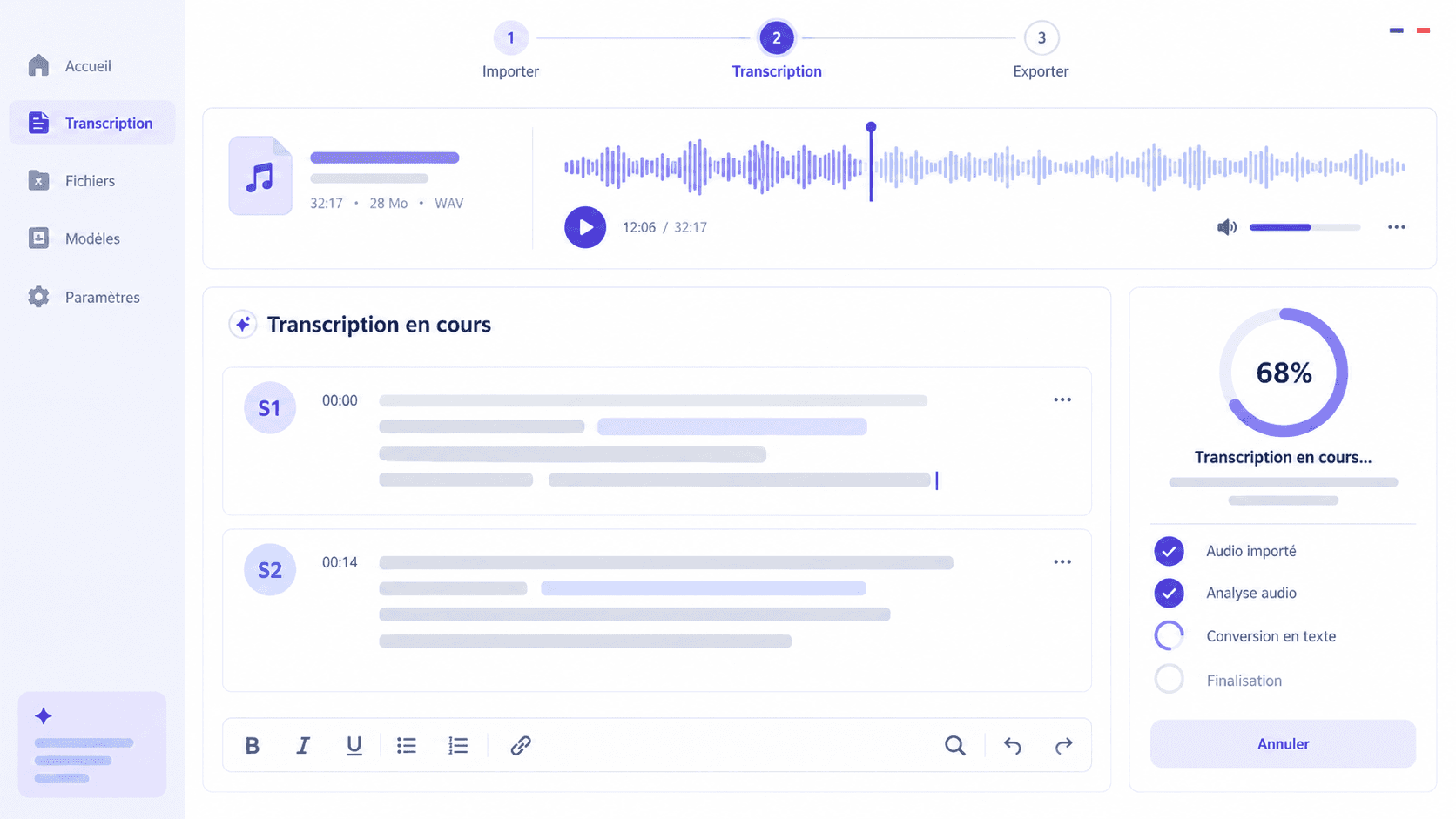 Screenshot des Schritts zur Generierung von französischem Audio zu Text