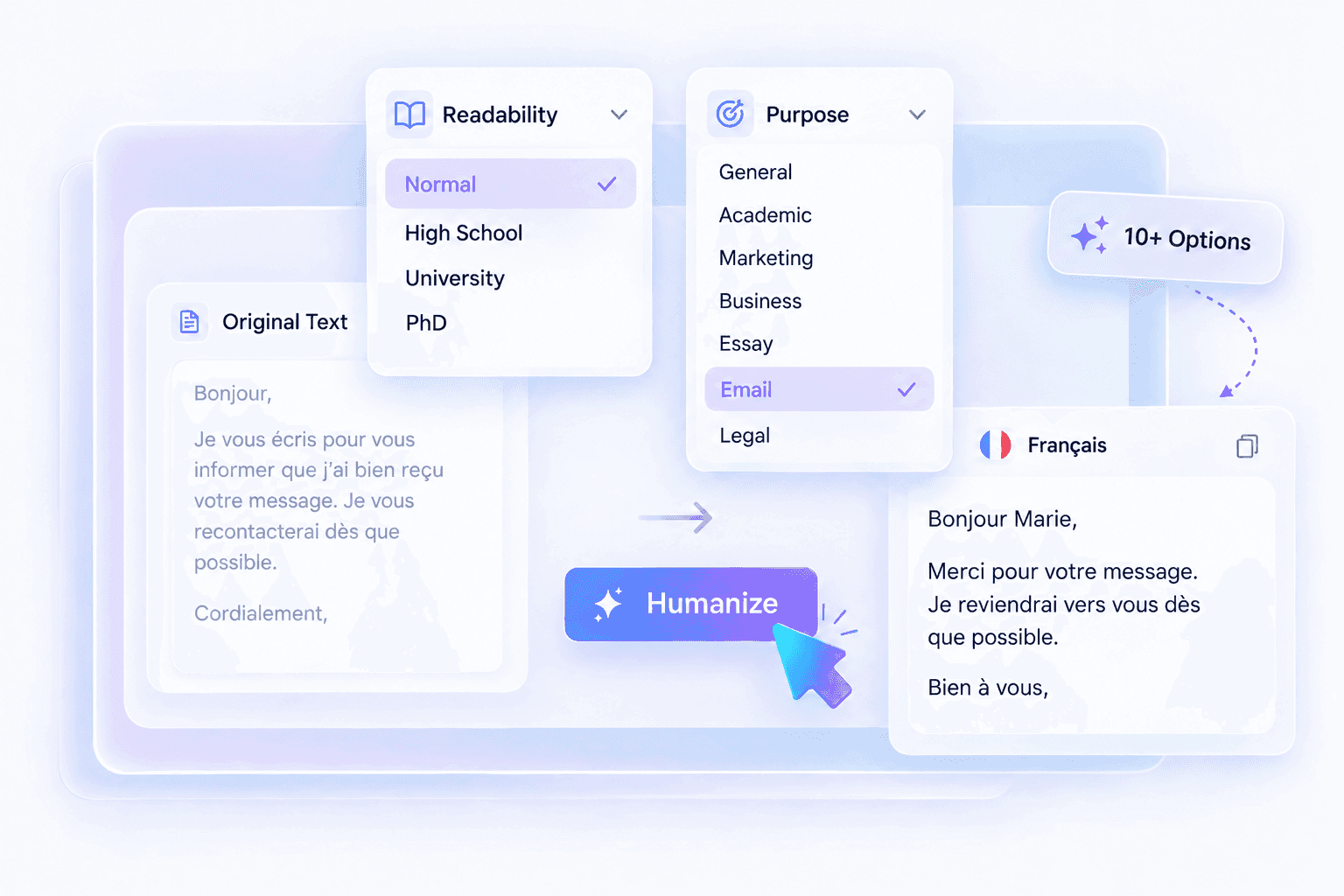 Opções de legibilidade e propósito para humanizar textos em francês