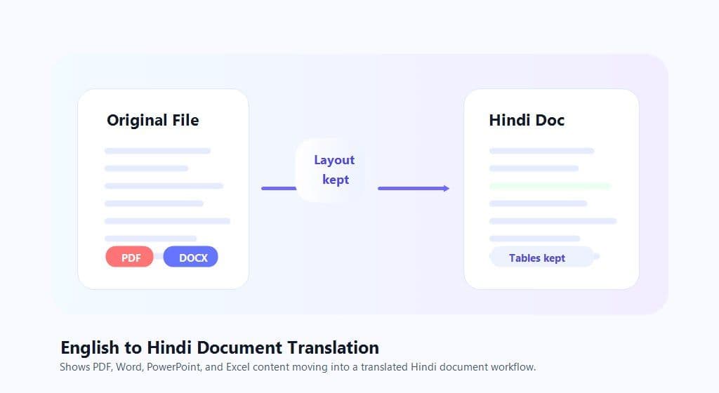 Un'immagine che mostra la traduzione di documenti dall'inglese all'hindi per file PDF, DOCX, PPTX e XLSX
