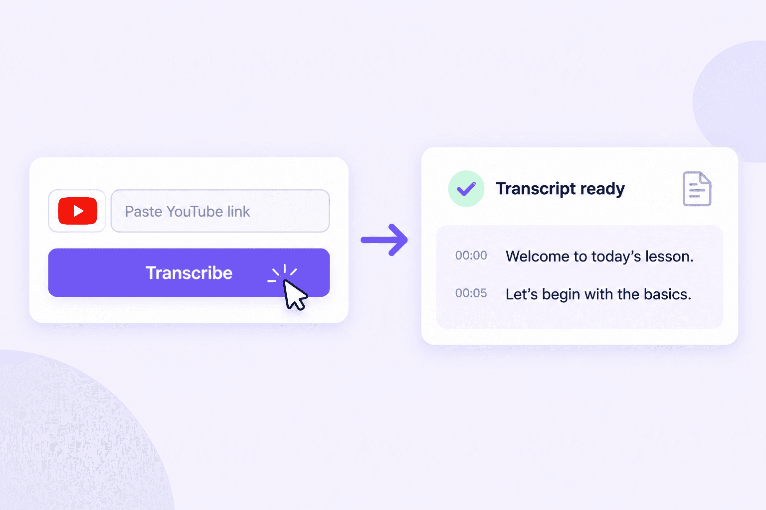 Um link do YouTube convertido em uma transcrição com um clique